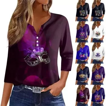 Женская футболка с принтом «Карнавал» и пуговицами, рукав 3/4, повседневная мода на выходные, базовый топ с V-образным вырезом M фиолетовый