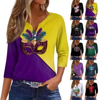 Женская футболка с принтом карнавальной маски и V-образным вырезом, повседневная, с рукавами 3/4, на пуговицах XXXL чёрный