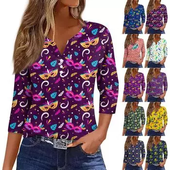 Женская футболка с принтом карнавальной маски и V-образным вырезом, повседневная, с рукавами 3/4, на пуговицах XL синий