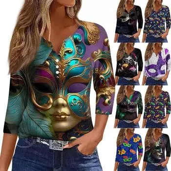 Женская футболка с принтом карнавальной маски и V-образным вырезом, повседневная, с рукавами 3/4, на пуговицах XL