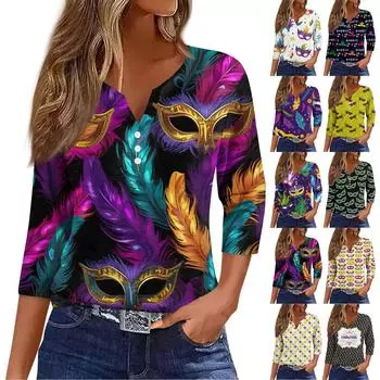 Женская футболка с принтом карнавальной маски и V-образным вырезом, повседневная, с рукавами 3/4, на пуговицах L чёрный