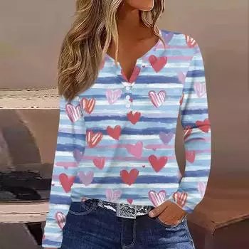 Женская футболка с принтом ко Дню святого Валентина, туника с длинным рукавом и пуговицами, повседневная мода на выходные, базовый топ с V-образным вырезом L синий