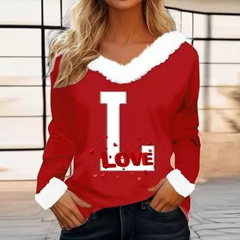 Женская футболка с принтом ко Дню святого Валентина, рубашка с длинными рукавами, шерстяной воротник, топ с V-образным вырезом и надписью «Любитель вечеринок» L горячий розовый