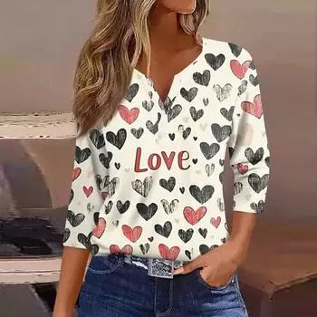 Женская футболка с принтом ко Дню святого Валентина, на пуговицах, рукав 3/4, повседневная, модная, на выходных, базовая, с V-образным вырезом, обычная футболка L чёрный