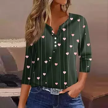 Женская футболка с принтом ко Дню святого Валентина, на пуговицах, рукав 3/4, повседневная, модная, на выходных, базовая, с V-образным вырезом, обычная футболка L кофейный