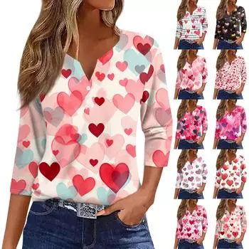 Женская футболка с принтом ко Дню святого Валентина, на пуговицах, рукав 3/4, туника, повседневная мода на выходные, базовый топ с V-образным вырезом L чёрный