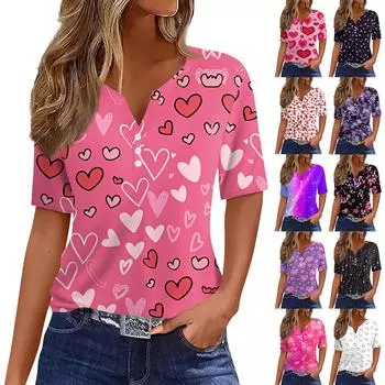 Женская футболка с принтом ко Дню святого Валентина на пуговицах с коротким рукавом, туника, повседневная мода на выходные, базовый топ с V-образным вырезом L чёрный