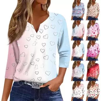 Женская футболка с принтом ко Дню святого Валентина, на пуговицах, рукав 3/4, туника, повседневная мода на выходные, базовый топ с V-образным вырезом L синий