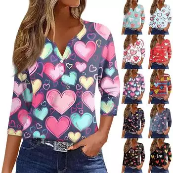 Женская футболка с принтом ко Дню святого Валентина, на пуговицах, рукав 3/4, туника, повседневная мода на выходные, базовый топ с V-образным вырезом L чёрный
