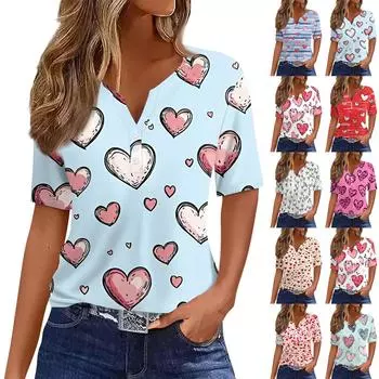 Женская футболка с принтом ко Дню святого Валентина на пуговицах с коротким рукавом, туника, повседневная мода на выходные, базовый топ с V-образным вырезом L синий
