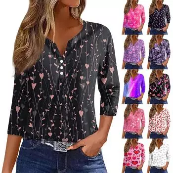 Женская футболка с принтом ко Дню святого Валентина, на пуговицах, рукав 3/4, туника, повседневная мода на выходные, базовый топ с V-образным вырезом L чёрный