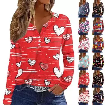 Женская футболка с принтом ко Дню святого Валентина, туника с длинным рукавом и пуговицами, повседневная мода на выходные, базовый топ с V-образным вырезом L чёрный
