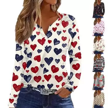 Женская футболка с принтом ко Дню святого Валентина, туника с длинным рукавом и пуговицами, повседневная мода на выходные, базовый топ с V-образным вырезом L бежевый
