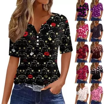 Женская футболка с принтом ко Дню святого Валентина на пуговицах с коротким рукавом, туника, повседневная мода на выходные, базовый топ с V-образным вырезом L бежевый