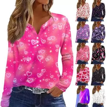 Женская футболка с принтом ко Дню святого Валентина, туника с длинным рукавом и пуговицами, повседневная мода на выходные, базовый топ с V-образным вырезом L чёрный
