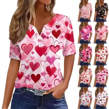 Женская футболка с принтом ко Дню святого Валентина на пуговицах с коротким рукавом, туника, повседневная мода на выходные, базовый топ с V-образным вырезом L чёрный