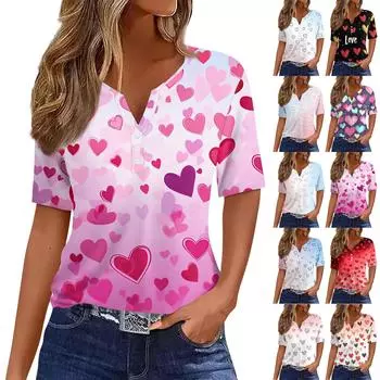 Женская футболка с принтом ко Дню святого Валентина на пуговицах с коротким рукавом, туника, повседневная мода на выходные, базовый топ с V-образным вырезом L синий