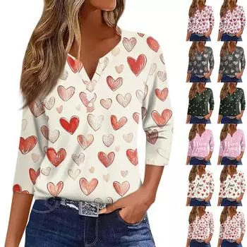 Женская футболка с принтом ко Дню святого Валентина, на пуговицах, рукав 3/4, повседневная, модная, на выходных, базовая, с V-образным вырезом, обычная футболка M киноварь