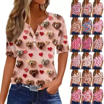 Женская футболка с принтом ко Дню святого Валентина на пуговицах с коротким рукавом, туника, повседневная мода на выходные, базовый топ с V-образным вырезом L бежевый