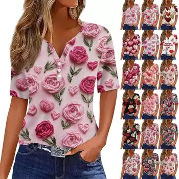 Женская футболка с принтом ко Дню святого Валентина на пуговицах с коротким рукавом, туника, повседневная мода на выходные, базовый топ с V-образным вырезом L чёрный