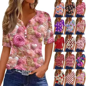 Женская футболка с принтом ко Дню святого Валентина на пуговицах с коротким рукавом, туника, повседневная мода на выходные, базовый топ с V-образным вырезом L бежевый