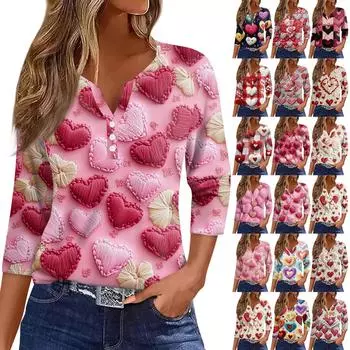 Женская футболка с принтом ко Дню святого Валентина, на пуговицах, рукав 3/4, туника, повседневная мода на выходные, базовый топ с V-образным вырезом L бежевый