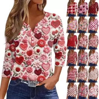 Женская футболка с принтом ко Дню святого Валентина, на пуговицах, рукав 3/4, туника, повседневная мода на выходные, базовый топ с V-образным вырезом L бежевый