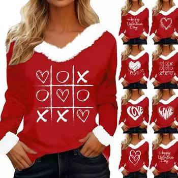 Женская футболка с принтом ко Дню святого Валентина, рубашка с длинными рукавами, шерстяной воротник, топ с V-образным вырезом и надписью «Любитель вечеринок» L горячий розовый