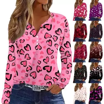 Женская футболка с принтом ко Дню святого Валентина, туника с длинным рукавом и пуговицами, повседневная мода на выходные, базовый топ с V-образным вырезом L бежевый