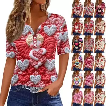 Женская футболка с принтом ко Дню святого Валентина на пуговицах с коротким рукавом, туника, повседневная мода на выходные, базовый топ с V-образным вырезом XL