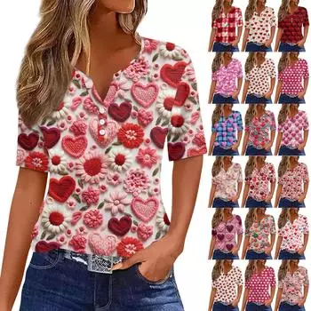 Женская футболка с принтом ко Дню святого Валентина на пуговицах с коротким рукавом, туника, повседневная мода на выходные, базовый топ с V-образным вырезом XXL
