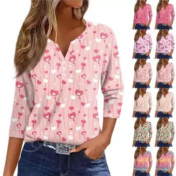 Женская футболка с принтом ко Дню святого Валентина, на пуговицах, рукав 3/4, повседневная, модная, на выходных, базовая, с V-образным вырезом, обычная футболка XXL