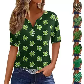 Женская футболка с принтом ко Дню Святого Патрика на пуговицах с коротким рукавом, повседневная мода на выходные, базовый топ с V-образным вырезом XXL