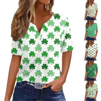 Женская футболка с принтом ко Дню Святого Патрика на пуговицах с коротким рукавом, повседневная мода на выходные, базовый топ с V-образным вырезом XXXL белый