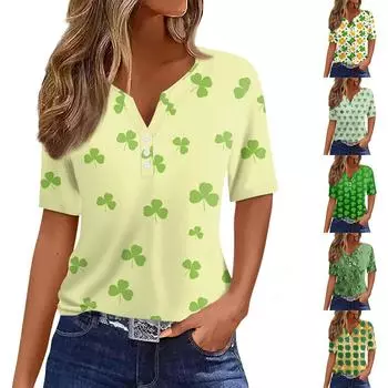 Женская футболка с принтом ко Дню Святого Патрика на пуговицах с коротким рукавом, повседневная мода на выходные, базовый топ с V-образным вырезом M