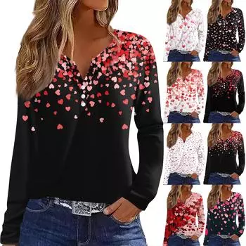 Женская футболка с принтом ко Дню святого Валентина, туника с длинным рукавом и пуговицами, повседневная мода на выходные, базовый топ с V-образным вырезом XXXL
