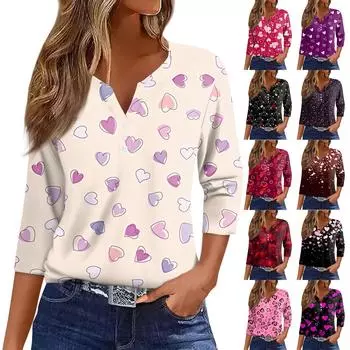 Женская футболка с принтом ко Дню святого Валентина, на пуговицах, рукав 3/4, туника, повседневная мода на выходные, базовый топ с V-образным вырезом L бежевый