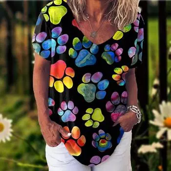 Женская футболка с принтом кошки для девочек, модная летняя футболка с коротким рукавом и v-образным вырезом, повседневный свободный топ, женская уличная рубашка большого размера S