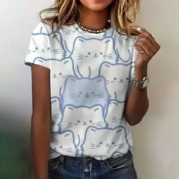 Женская футболка с принтом кошки, одежда 2024 года, летний круглый вырез, короткий рукав, элегантный повседневный топ, свободная дышащая женская одежда, футболка S