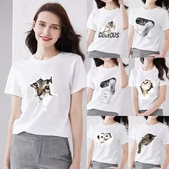 Женская футболка с принтом кошки, топ с короткими рукавами, повседневная молодежная мужская пригородная одежда с круглым вырезом, удобная рубашка, модная пригородная одежда, топы XXXL