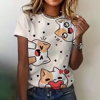 Женская футболка с принтом кота, летняя одежда с круглым вырезом и коротким рукавом, свободный повседневный топ с милым принтом, женская модная футболка с коротким рукавом 4XL