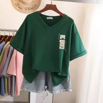 Женская футболка с принтом кота, летняя, с японским принтом букв, V-образным вырезом, топы больших размеров с короткими рукавами, повседневные универсальные топы свободного покроя XXXXL белый