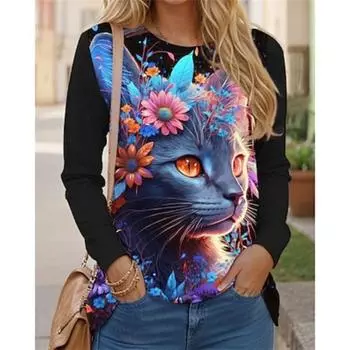Женская футболка с принтом кота, повседневная, выходного дня, модная, смешная, с длинным рукавом, с круглым вырезом, синяя, весна и осень S