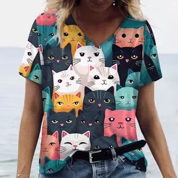 Женская футболка с принтом кота, женская футболка большого размера, верхняя женская одежда, дизайн плюс, повседневная футболка с v-образным вырезом размера плюс 5XL