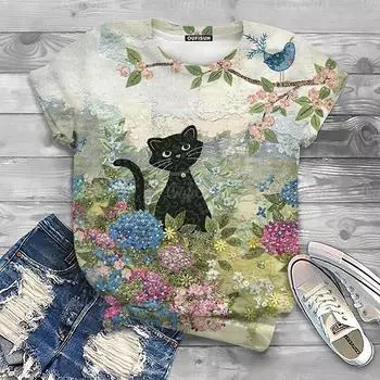 Женская футболка с принтом кота, женская футболка большого размера, летняя женская одежда, женская рубашка с коротким рукавом и принтом животных, Harajuku XXS