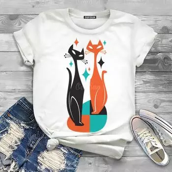 Женская футболка с принтом кота, женская футболка большого размера, летняя женская одежда, женская рубашка с коротким рукавом и принтом животных, Harajuku S