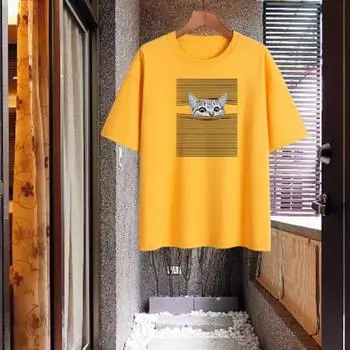Женская футболка с принтом котенка и круглым вырезом с коротким рукавом, повседневная блузка для повседневного ношения 3XL жёлтый