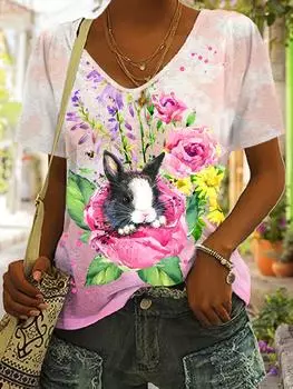 Женская футболка с принтом кролика больших размеров - повседневный топ с коротким рукавом для весны и лета, пасхальная женская футболка 5XL