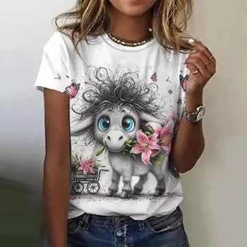 Женская футболка с принтом кролика, повседневные футболки с коротким рукавом и 3D-принтом, летняя мода, уличная одежда, свитер с круглым вырезом, женская свободная одежда S