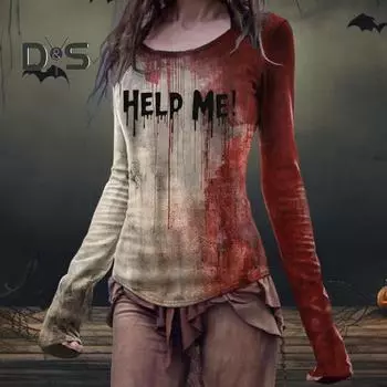 Женская футболка с принтом крови и эффектом 3D на Хэллоуин, с круглым вырезом и длинным рукавом, облегающая эластичная футболка-пуловер M